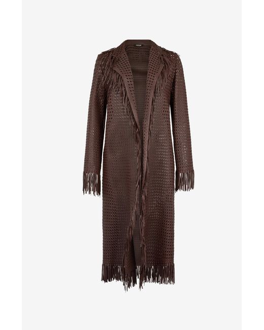 Roberto Cavalli Brown Woven Leather Coat With Fringes