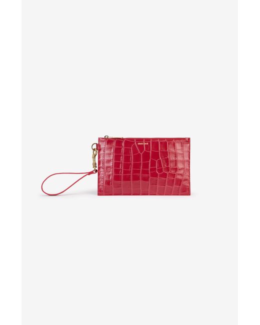 Roberto Cavalli Red Antique Rose Crocodile-Effect Clutch