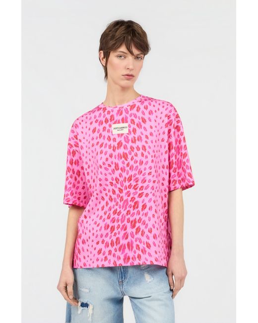 Roberto Cavalli Pink The Jaguar Kiss Print T-Shirt