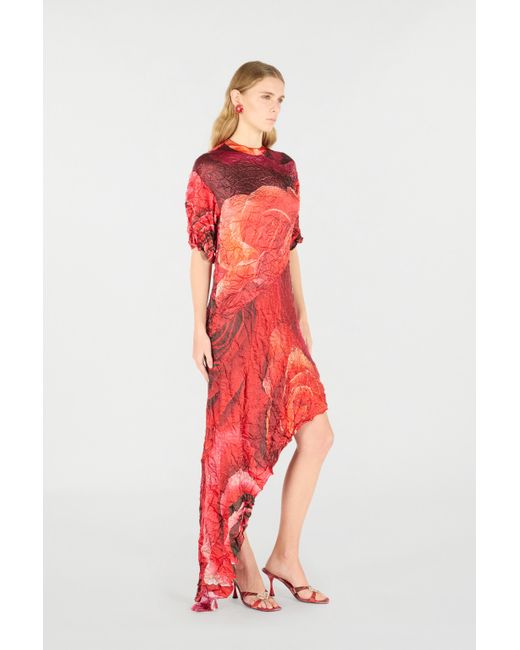 Roberto Cavalli Red Crinkled Asymmetric Dress With Rose Print