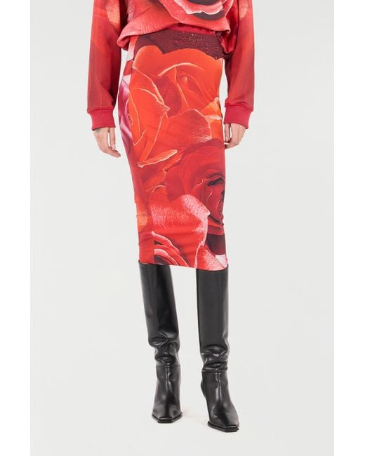 Falda De Tubo Con Estampado De Rosas Roberto Cavalli de color Red