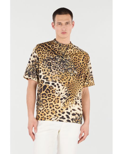 Roberto Cavalli Metallic Cotton T-Shirt With Leopard Print for men