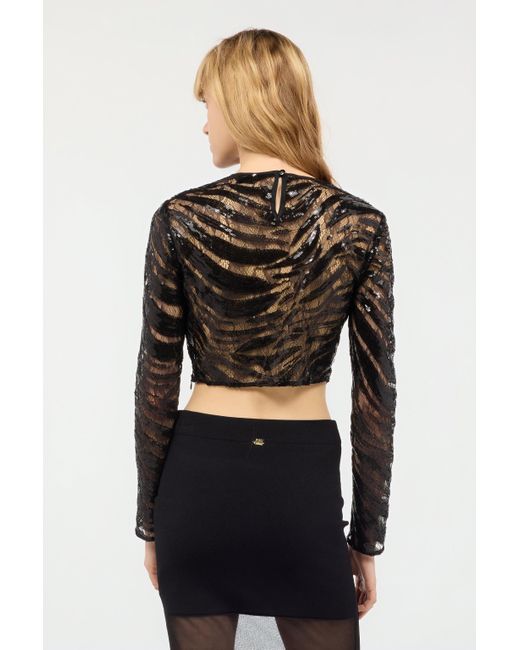 Roberto Cavalli Black Crop Top With Rhinestone-Detailed Zebra Design