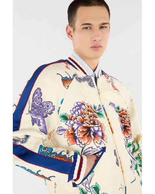 Roberto Cavalli White Bomber Jacket With Dragon, Flowers And Butterflies for men