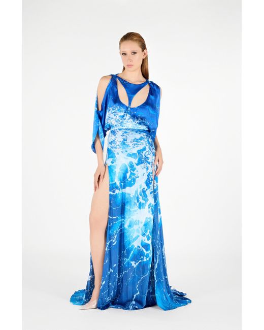 Roberto Cavalli Blue Stretto Di Messina Print Long Dress