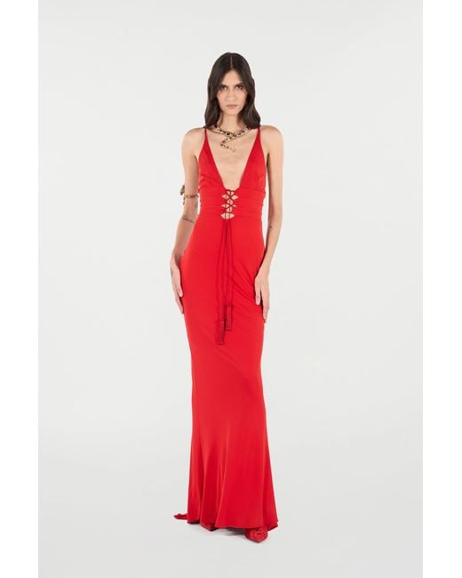 Roberto Cavalli Red Long Dress With Criss-Cross Detail