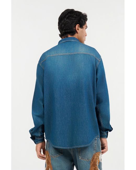 Roberto Cavalli Blue Denim Shirt With Tiger Embroidery for men
