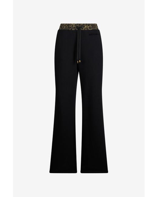 Roberto Cavalli Black Flared Trousers With Leopard Print Waistband