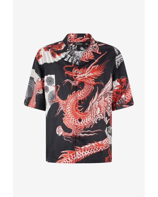 Roberto Cavalli Red Printed Silk Bowling Shirt for men