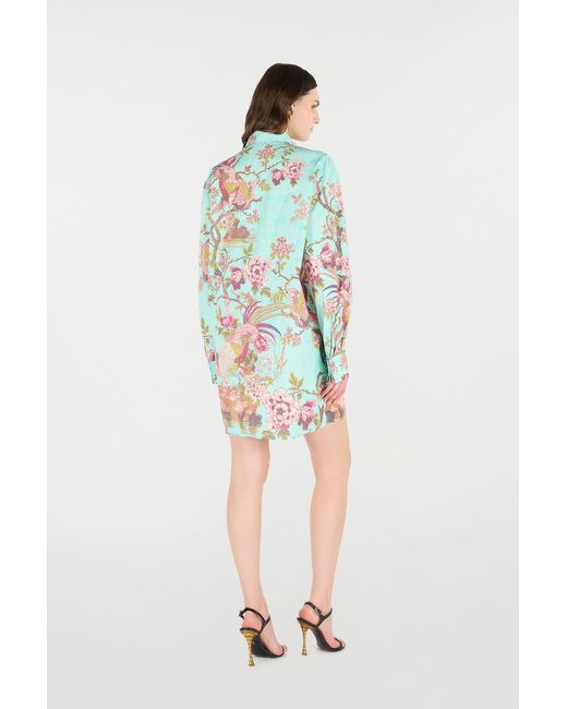 Roberto Cavalli Blue Shirt Dress With Oriental Bird Print