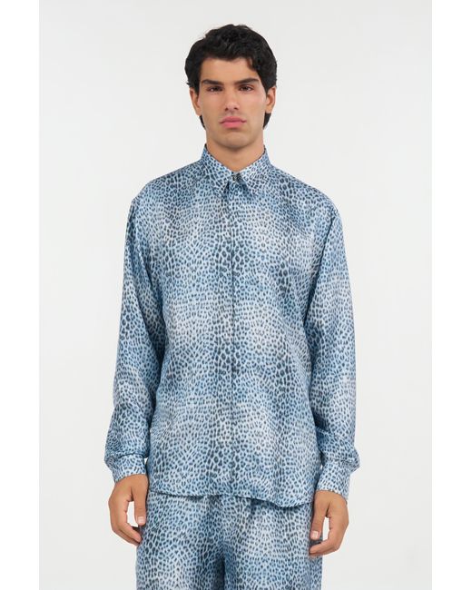 Roberto Cavalli Blue Silk Shirt With Baby Jaguar Print for men
