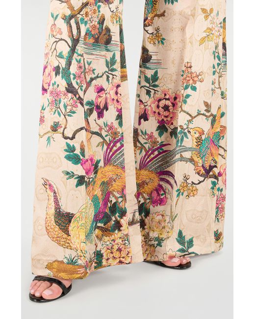 Roberto Cavalli White Palazzo Pants With Oriental Bird Print