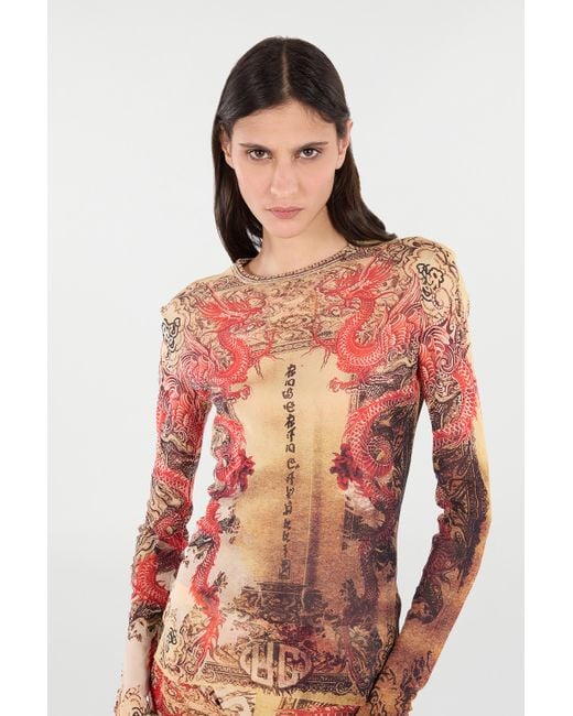 Camiseta De Manga Larga Con Estampado Oriental Roberto Cavalli de color Red