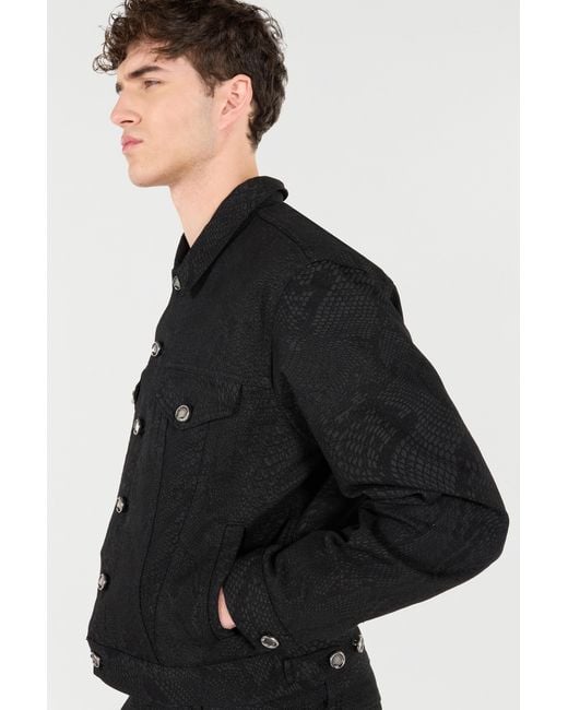 Roberto Cavalli Black Python-Print Denim Jacket for men