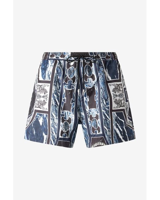Roberto Cavalli Blue Swim Shorts With Fang And Marble Print for men
