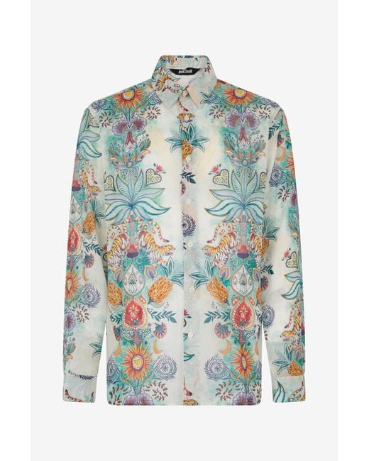 Roberto Cavalli Blue Tropical Garden Print Shirt for men