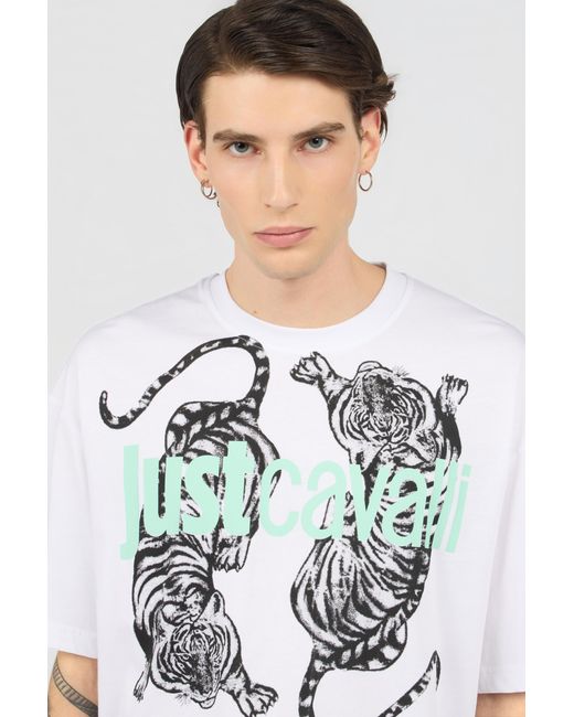 Roberto Cavalli White T-Shirt With Tiger Graphic And Logo for men