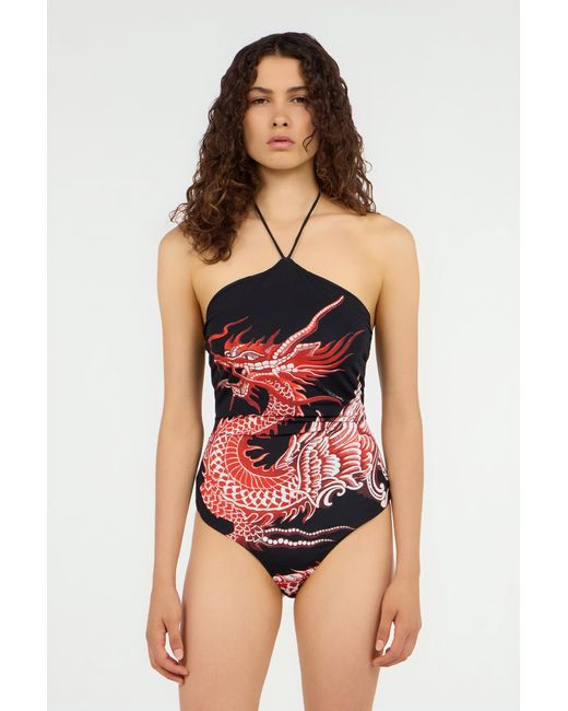 Roberto Cavalli Red Bodysuit With Dragon, Flowers And Fans