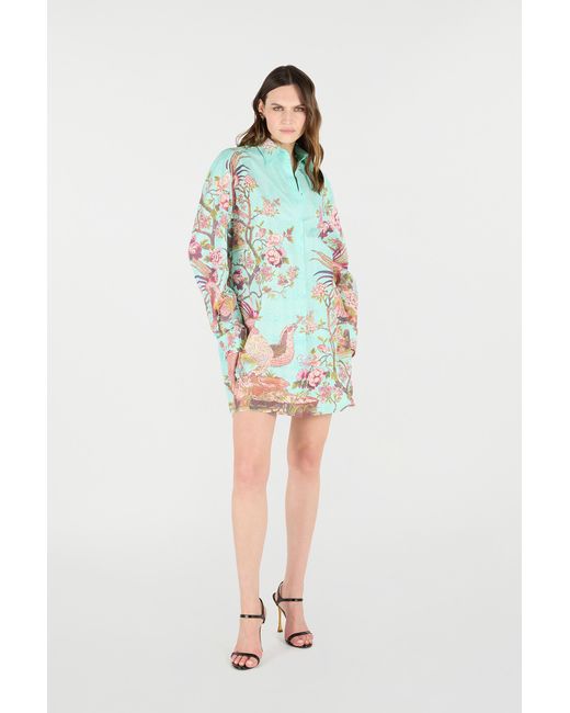 Roberto Cavalli Blue Shirt Dress With Oriental Bird Print
