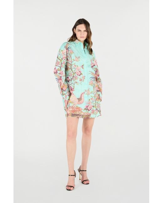 Abito Chemisier Con Stampa Oriental Bird di Roberto Cavalli in Blue
