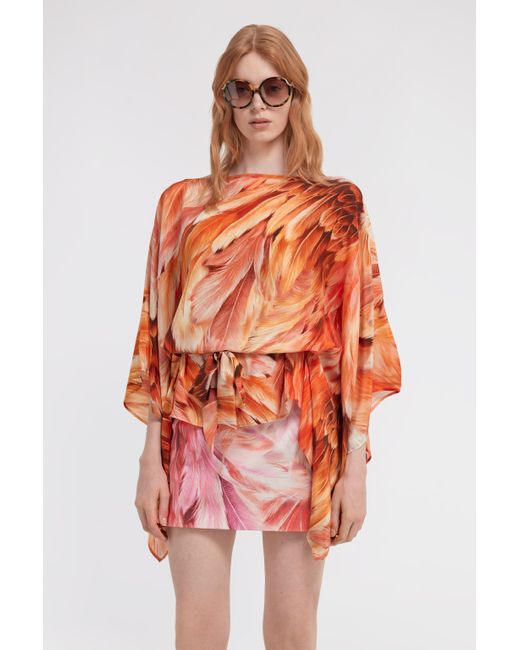 Roberto Cavalli Orange Plumage Print Short Kaftan