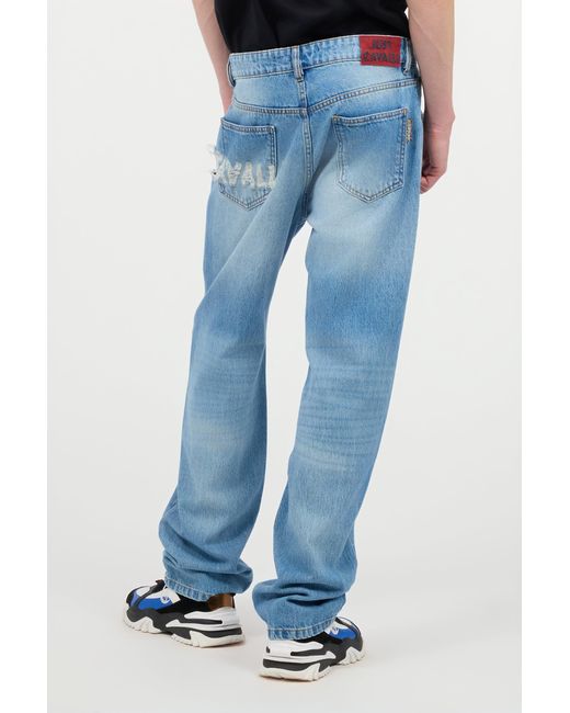 Roberto Cavalli Blue Jeans With Destroyed-Effect Logo for men