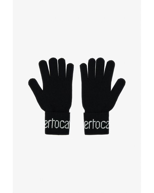 Guantes De Mezcla De Lana Con Logo Roberto Cavalli de color Black