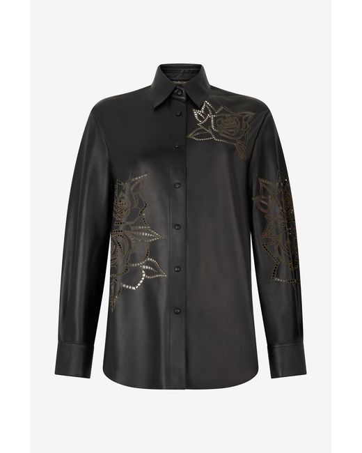 Roberto Cavalli Black Leather Shirt With Perforated Roses