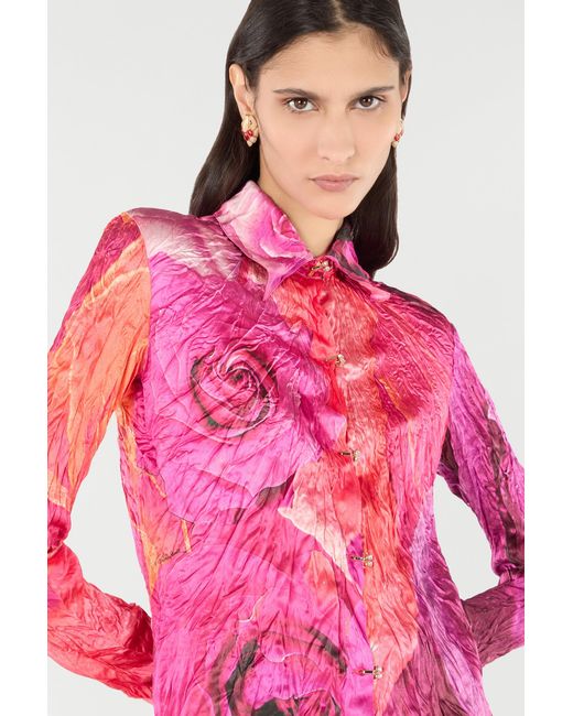 Roberto Cavalli Pink Shirt With Bejeweled Buttons And Rose Print