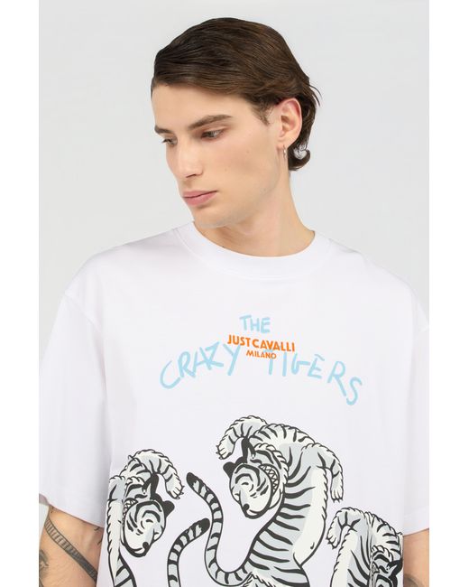 Roberto Cavalli White T-Shirt With Printed Tigers for men