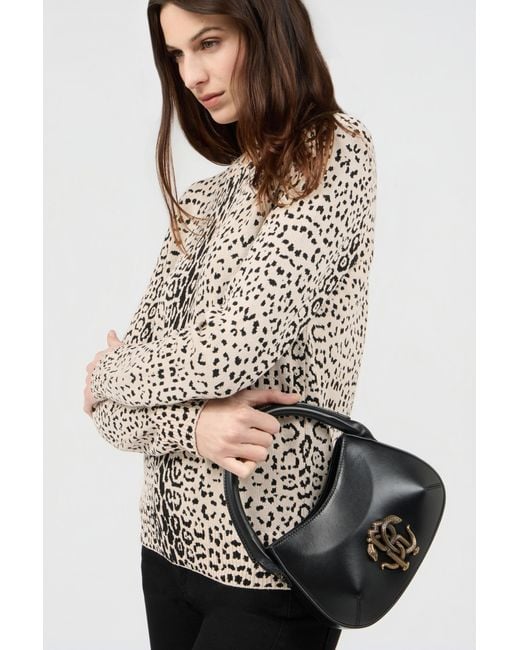 Roberto Cavalli Black Leather Top Handle Bag With Monogram Rc
