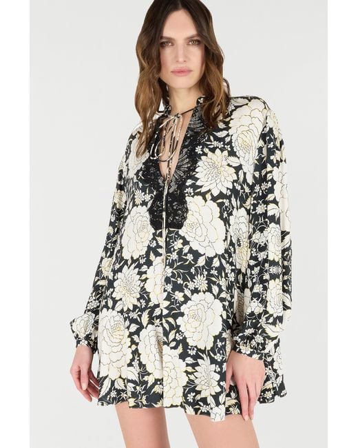 Roberto Cavalli Multicolor Mini Dress With Floral Print And Lace