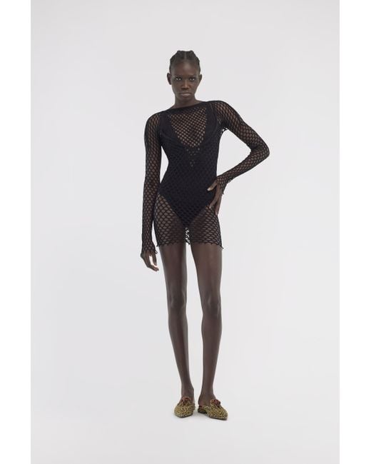 Roberto Cavalli Black Schwarzes Netz Mini Kleid Mit Langen Ärmeln