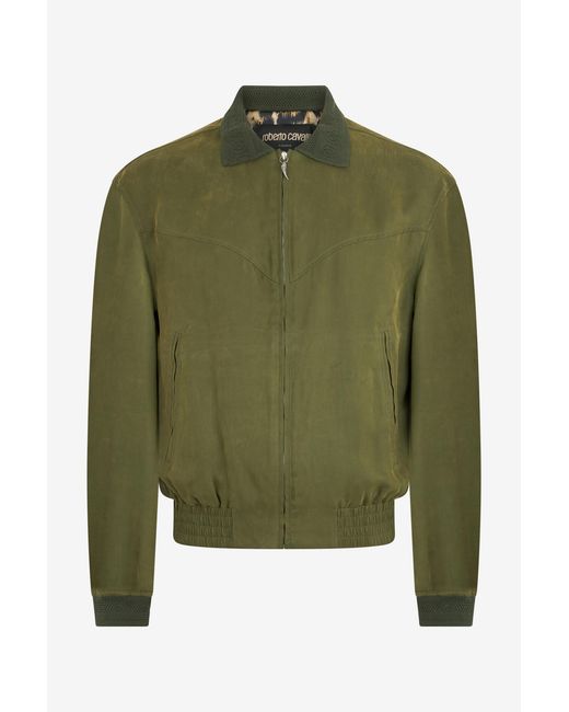 Roberto Cavalli Green Zip-Up Bomber Jacket for men