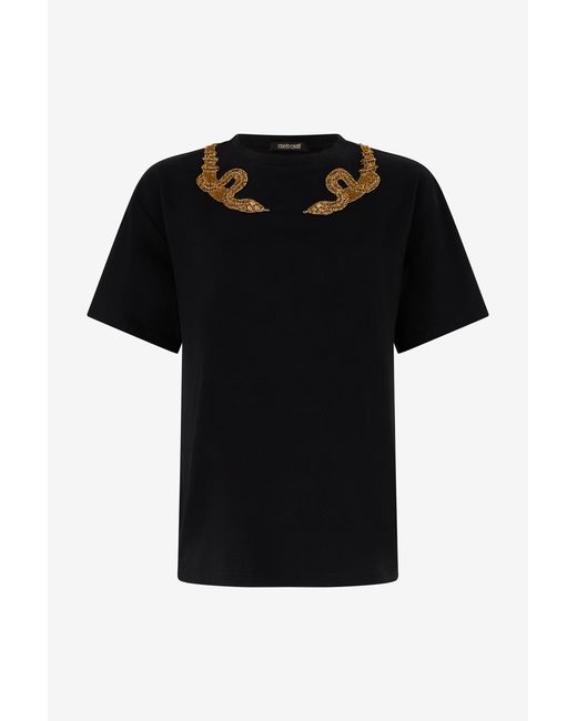 Roberto Cavalli Black T-Shirt With Snake Embroidery