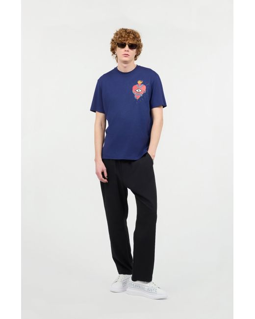 Roberto Cavalli Blue T-Shirt With Heart And Snake for men