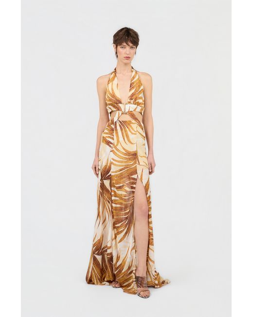 Roberto Cavalli Metallic Golden Palm Print Maxi Dress