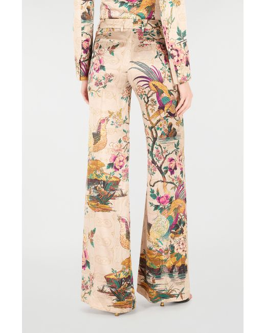 Roberto Cavalli White Palazzo Pants With Oriental Bird Print