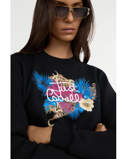 Roberto Cavalli Black Sweatshirt With Floral Logo Print