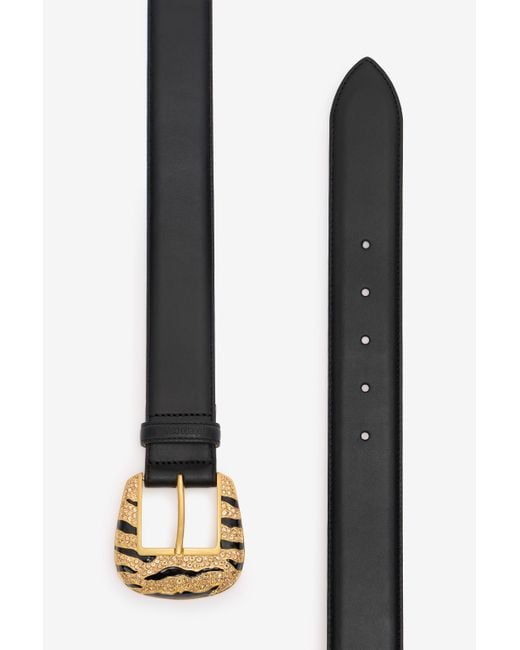Roberto Cavalli Black Leopard Skin Belt With Bejeweled Buckle