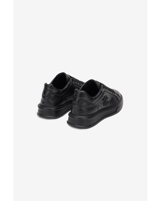 Roberto Cavalli Black Snake-Embossed Sneaker With Monogram Rc