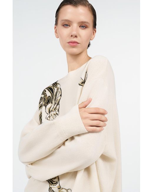 Roberto Cavalli Natural Wool Sweater With Tiger Motif