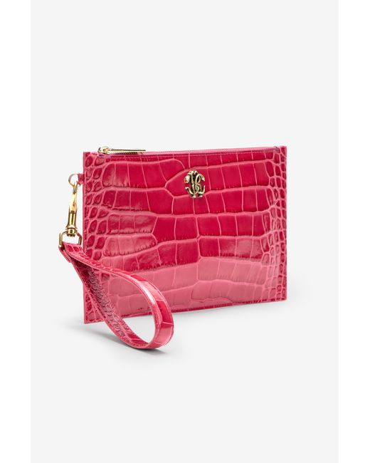 Roberto Cavalli Red Crocodile-Effect Flat Clutch
