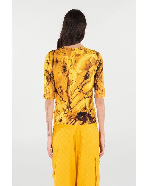 Roberto Cavalli Yellow Silk And Wool Sweater With Tigereye Print