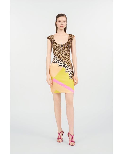 Roberto Cavalli Yellow Mini Dress With Cavalli Pop Print