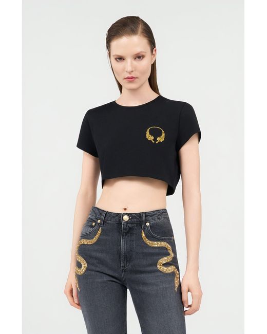 Roberto Cavalli Black Cotton Crop Top With Tigers