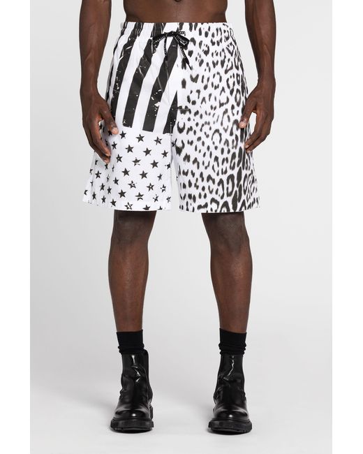 Roberto Cavalli White Leopard Flag-Print Track Shorts for men
