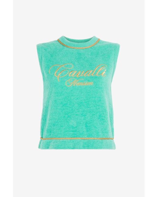 Roberto Cavalli Green Logo-Embroidered Sleeveless Top