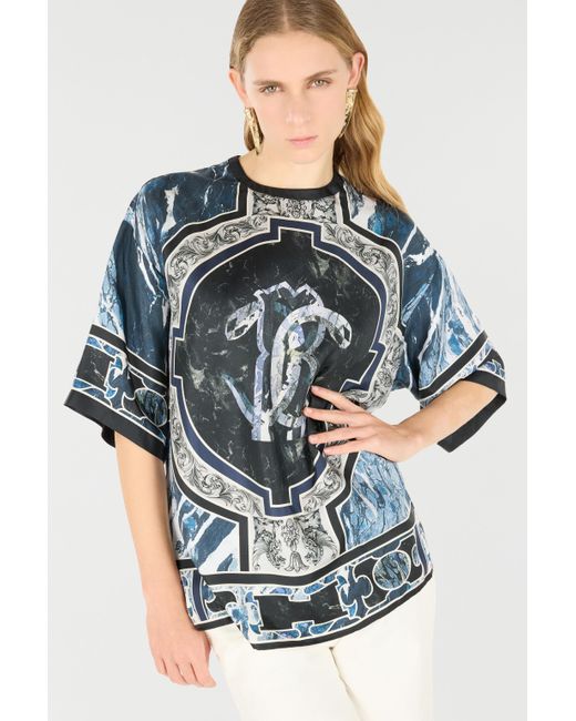 Roberto Cavalli Gray T-Shirt With Mirror Snake Monogram And Marble Print