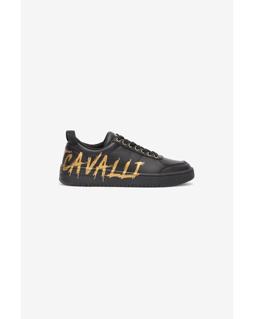 Roberto Cavalli Black Sneakers With Golden Graffiti Logo